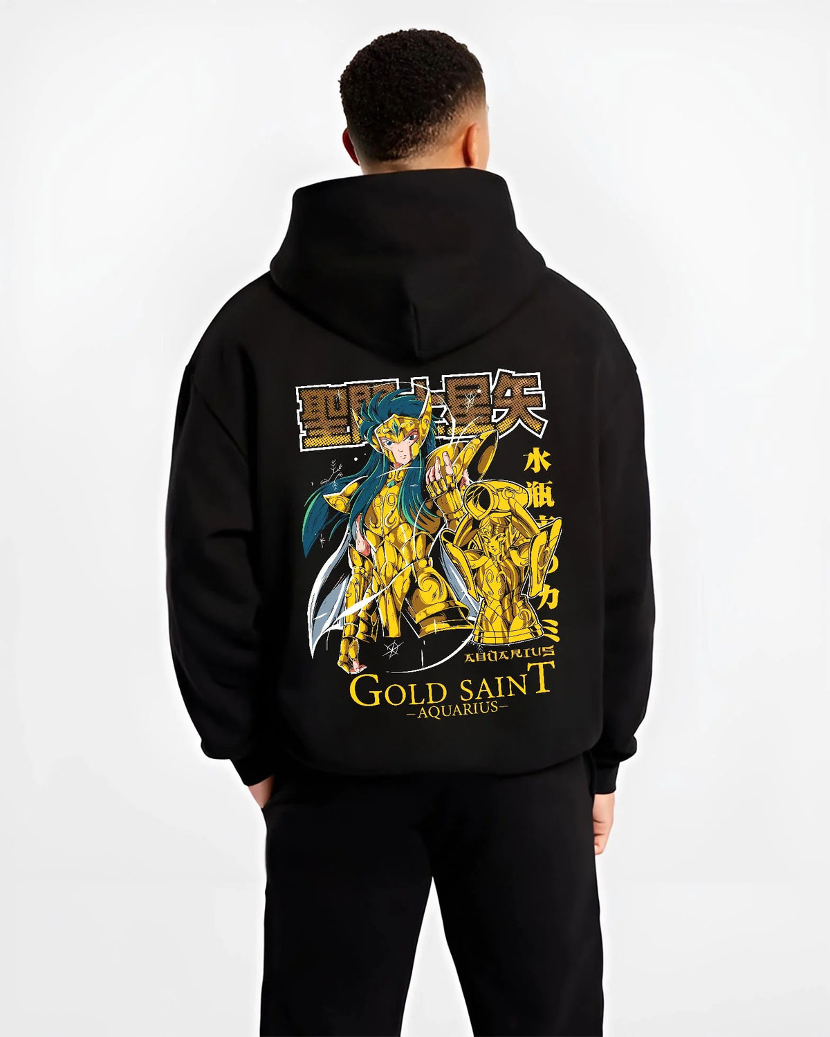 Black hoodie worn by male model from the back featuring Camus Aquarius Gold Saint freezing power Saint Seiya artwork.