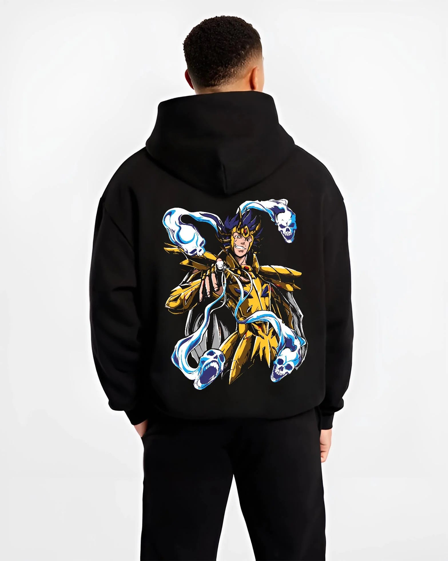 Black hoodie worn by male model, back view with Spider Man Hoodie Gold Suit Electro Marvel Crossover graphic streetwear graphic.