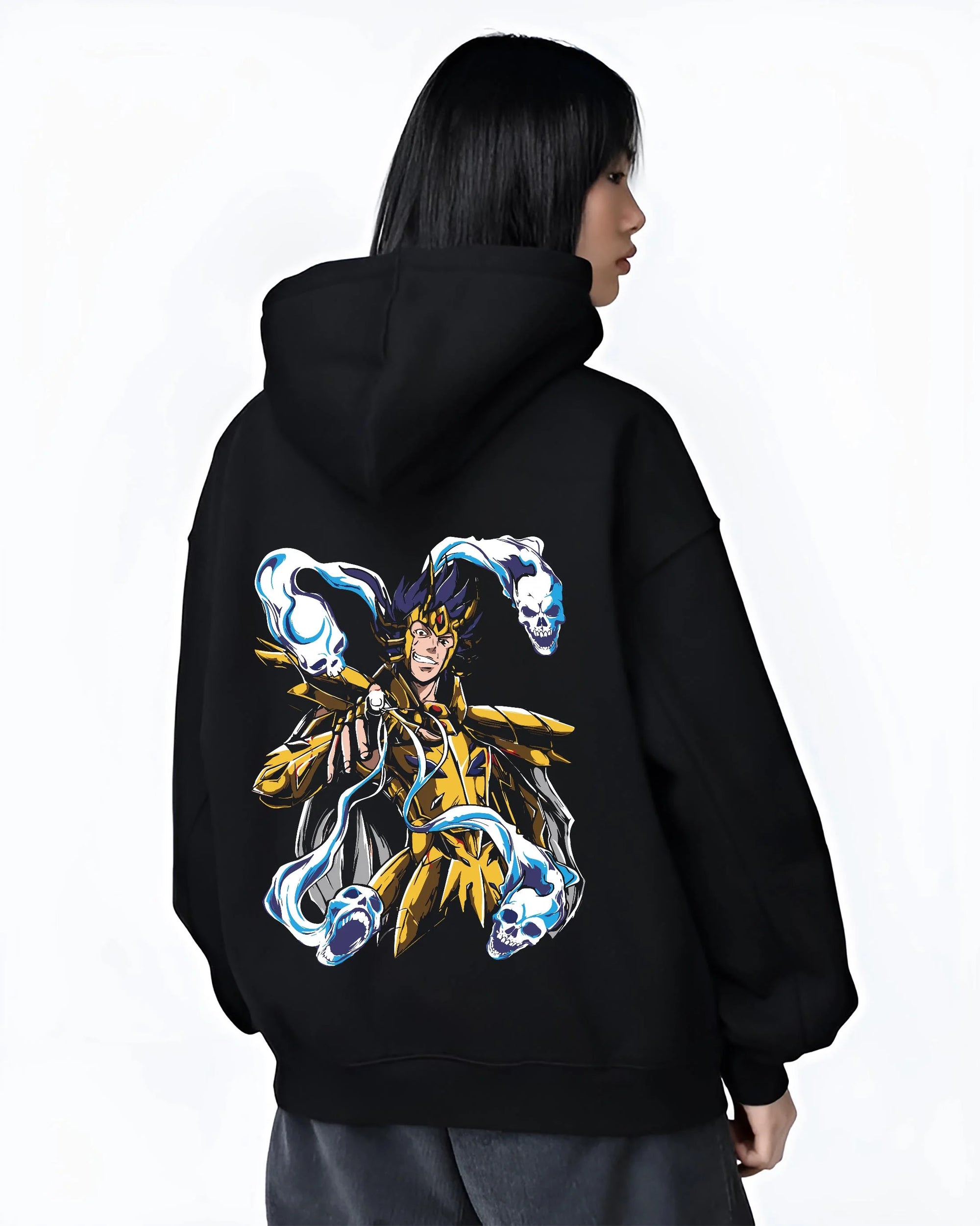 Black hoodie worn by female model, back view with Spider Man Hoodie Gold Suit Electro Marvel Crossover graphic streetwear graphic.