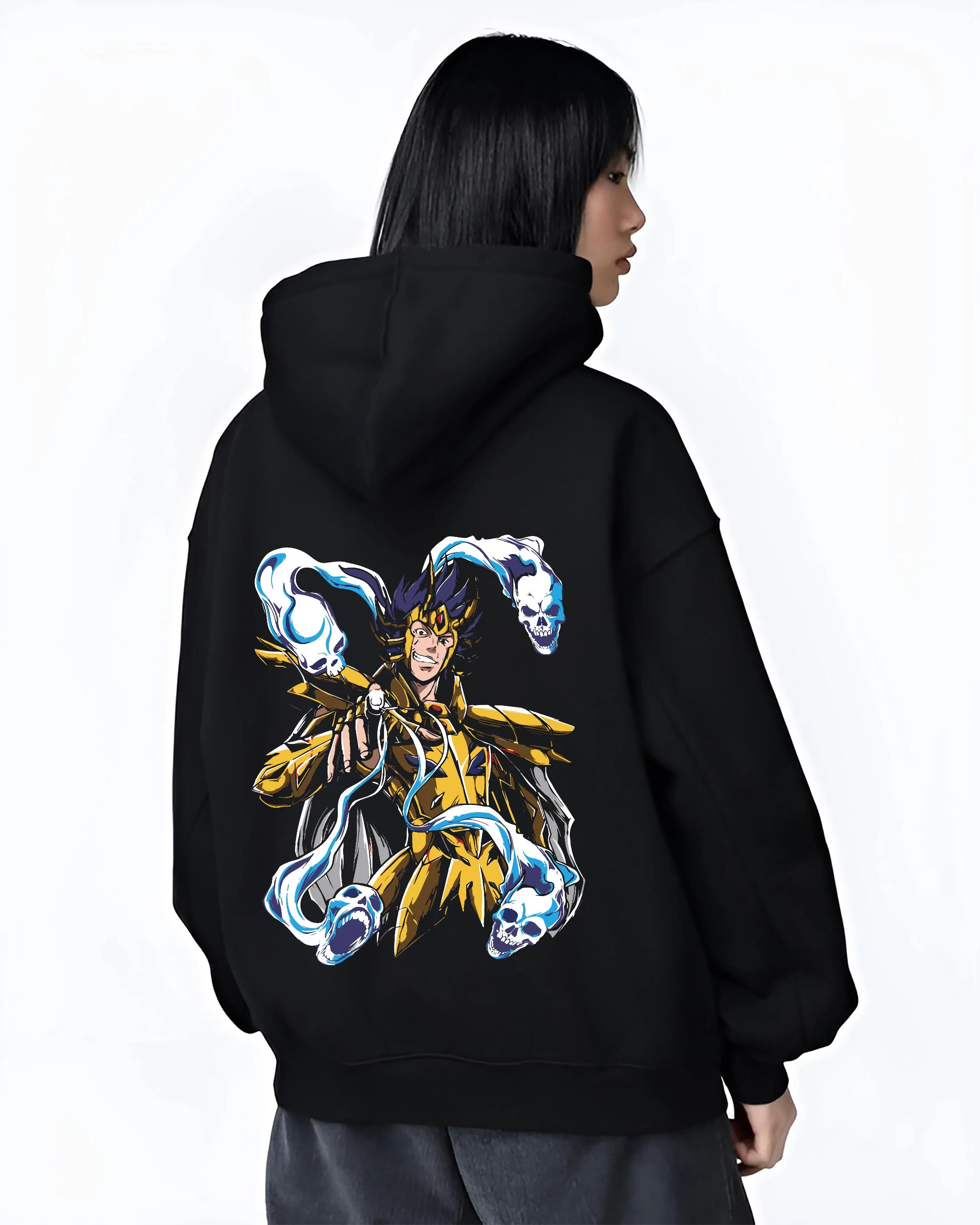 Black hoodie worn by female model, back view with Spider Man Hoodie Gold Suit Electro Marvel Crossover graphic streetwear graphic.