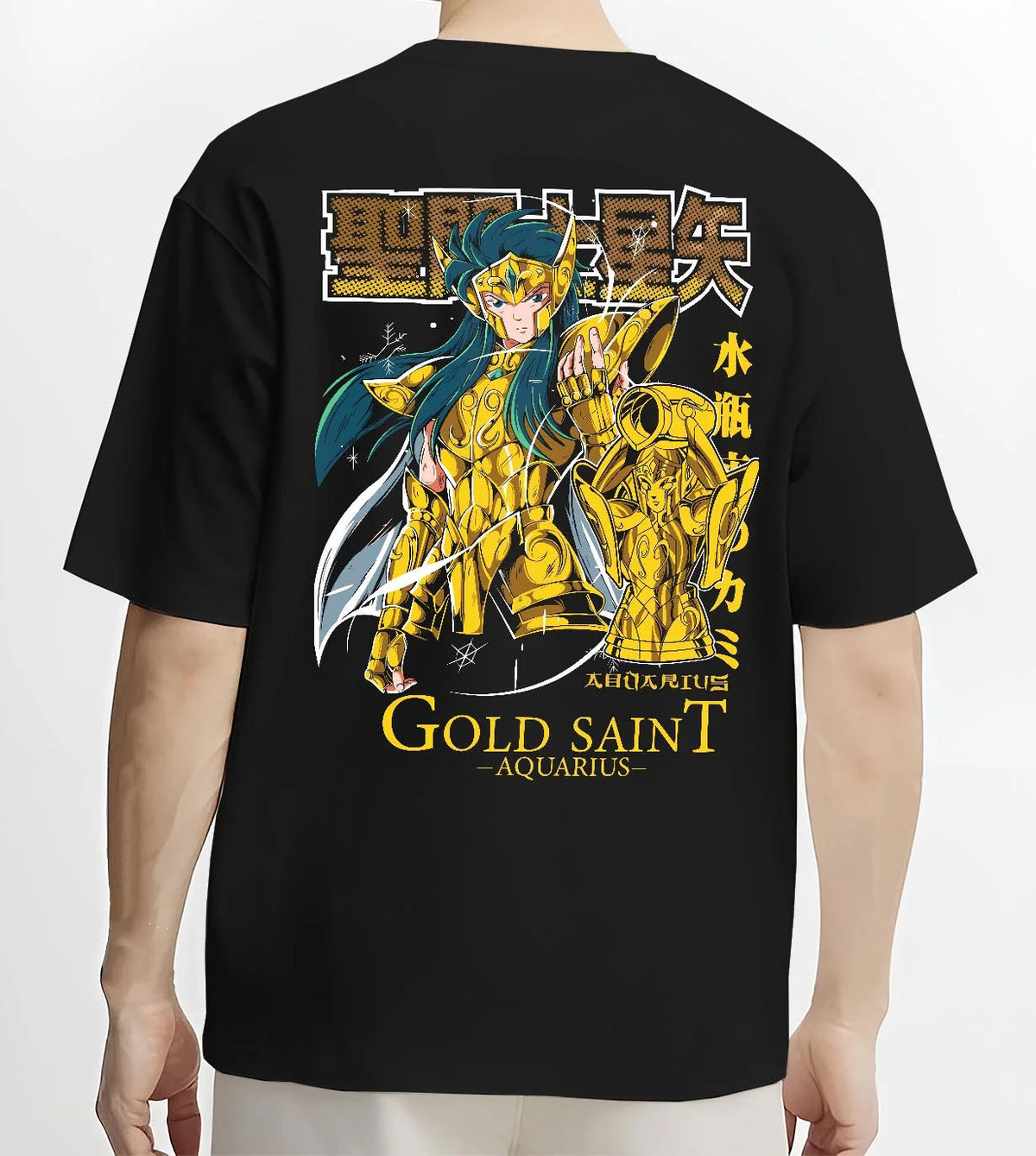 Black T-shirt worn by male model from the back featuring Camus Aquarius Gold Saint freezing power Saint Seiya artwork.