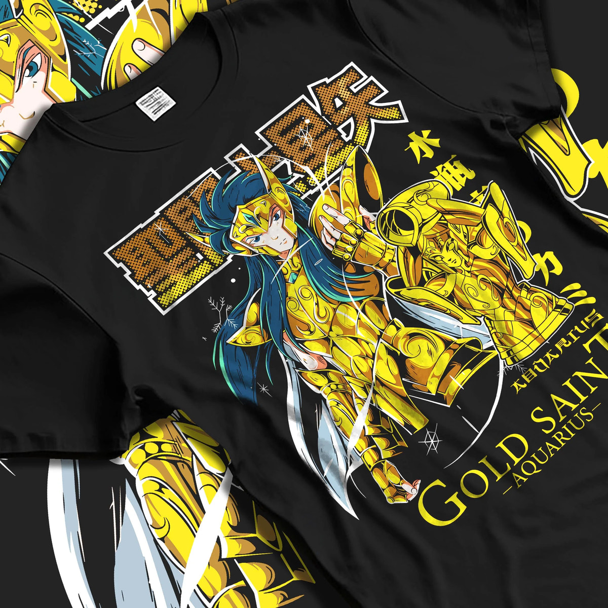 Black T-shirt laid flat with natural folds featuring Camus Aquarius Gold Saint freezing power Saint Seiya artwork.