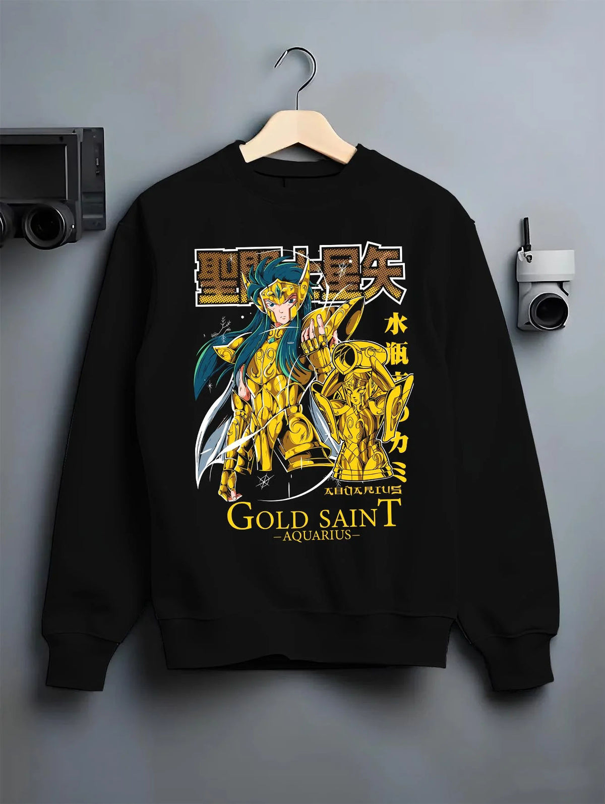 Black crewneck sweatshirt on hanger featuring Camus Aquarius Gold Saint freezing power Saint Seiya artwork.