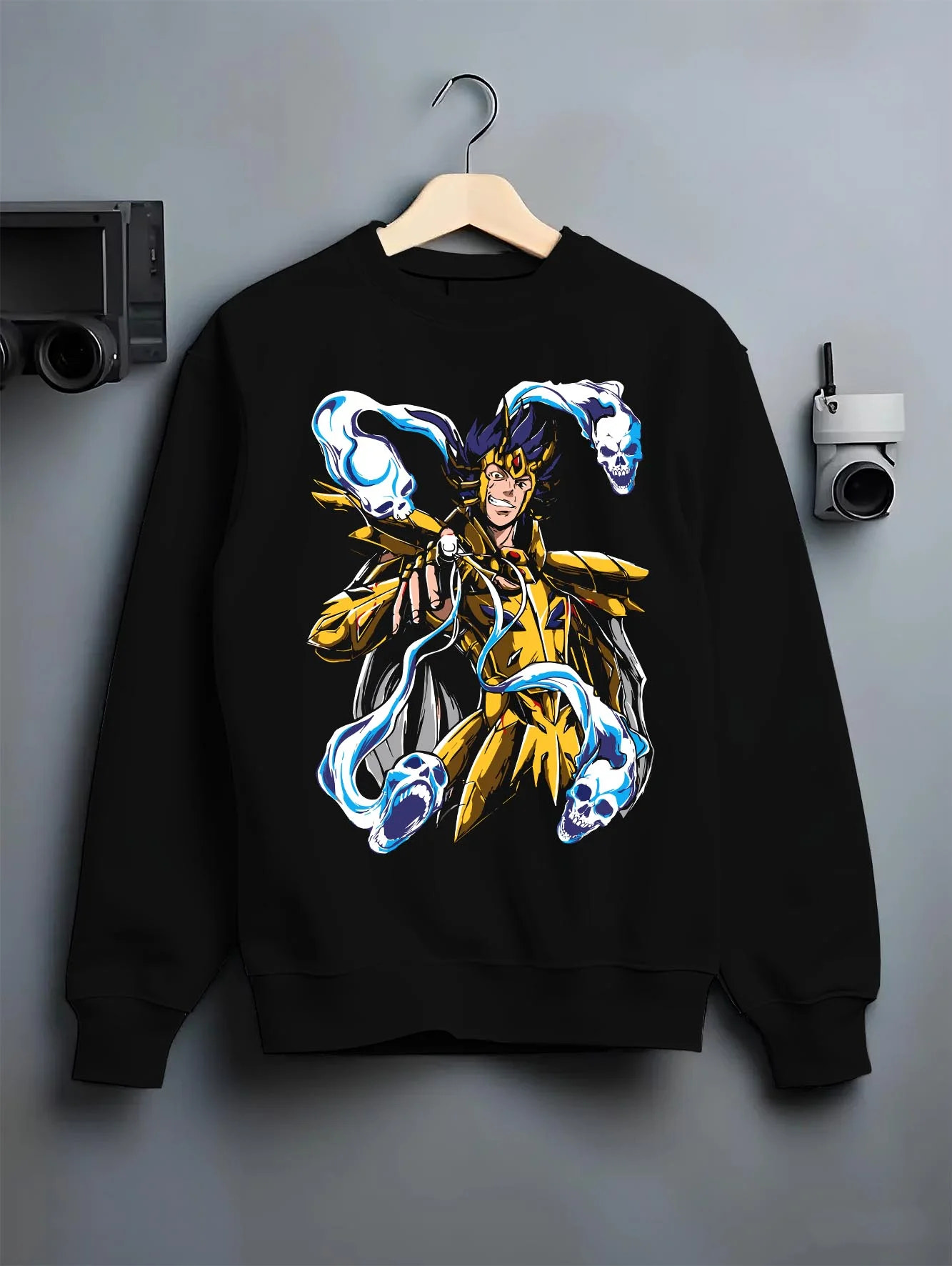 Black crewneck sweatshirt on hanger with Spider Man Hoodie Gold Suit Electro Marvel Crossover graphic streetwear graphic.