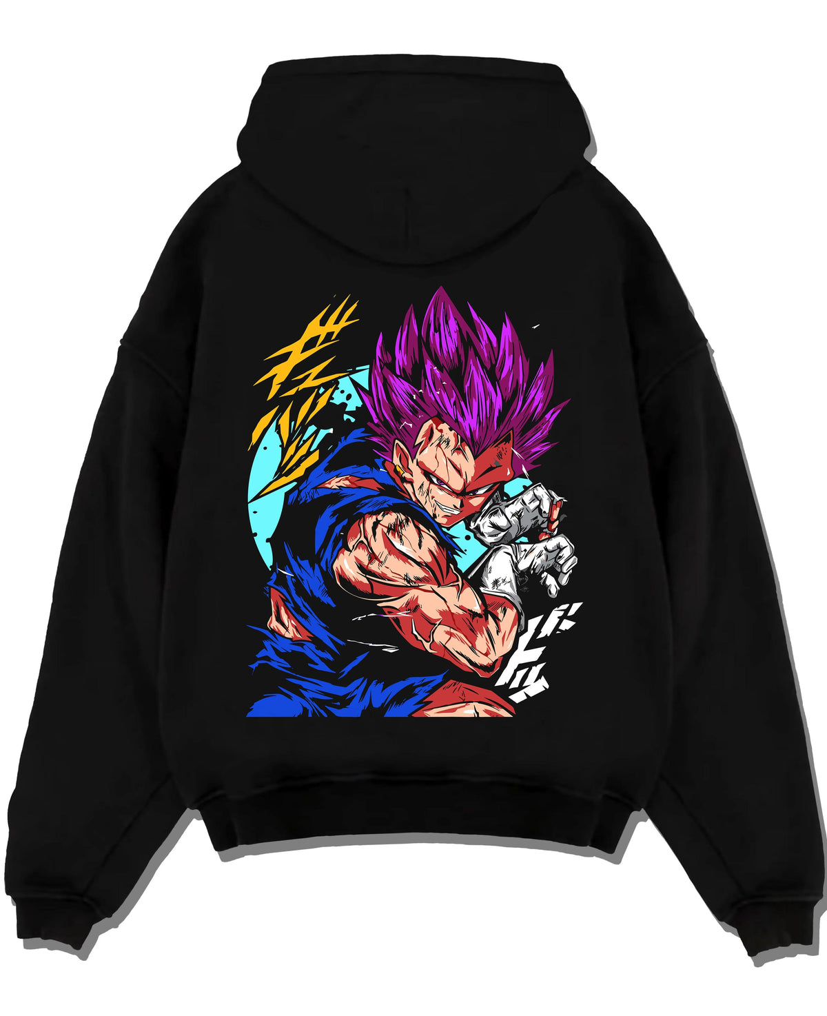 Black hoodie laid flat featuring Vegeta Ultra Ego purple destruction power Dragon Ball Super artwork.