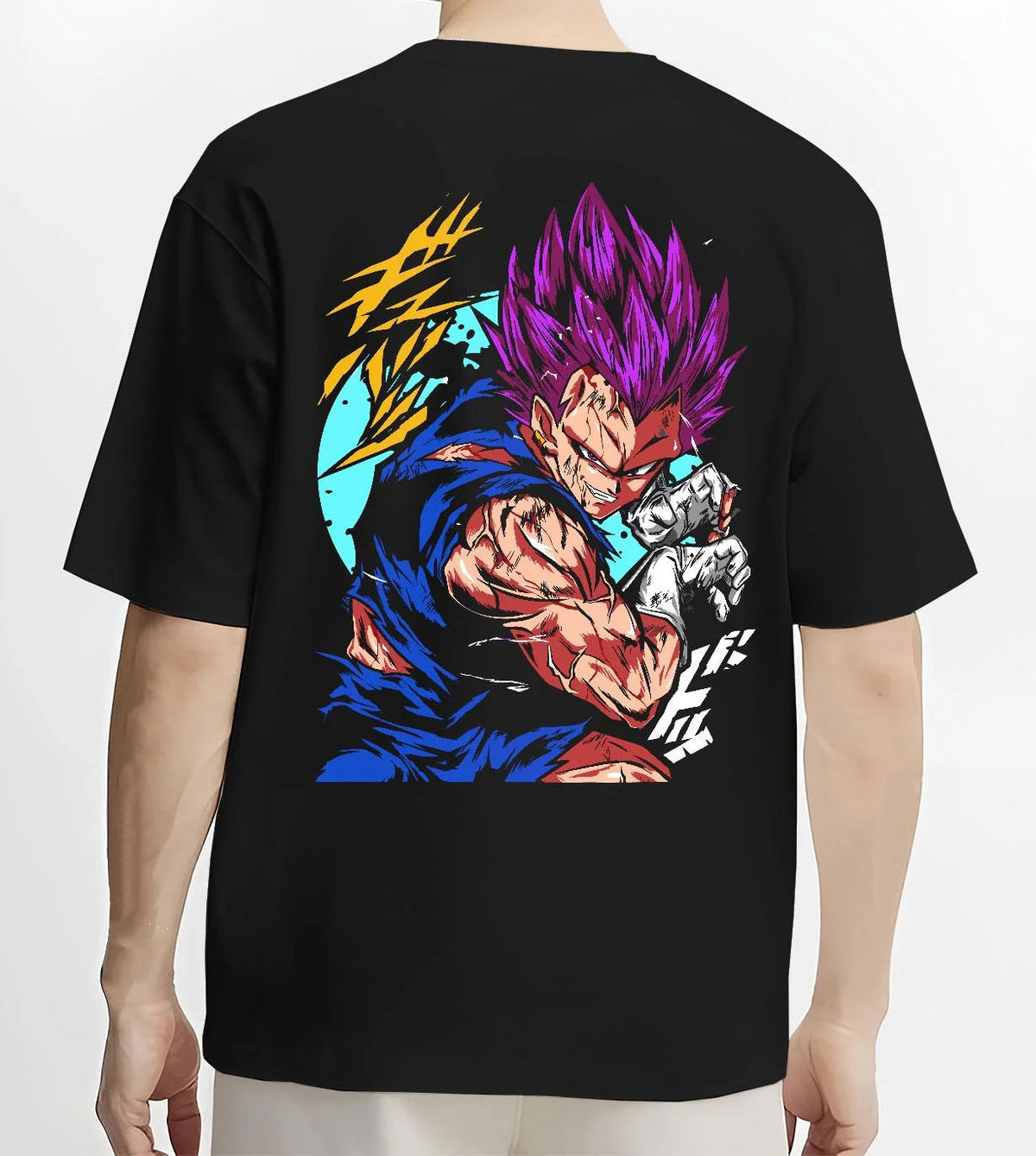 Black T-shirt worn by male model from the back featuring Vegeta Ultra Ego purple destruction power Dragon Ball Super artwork.