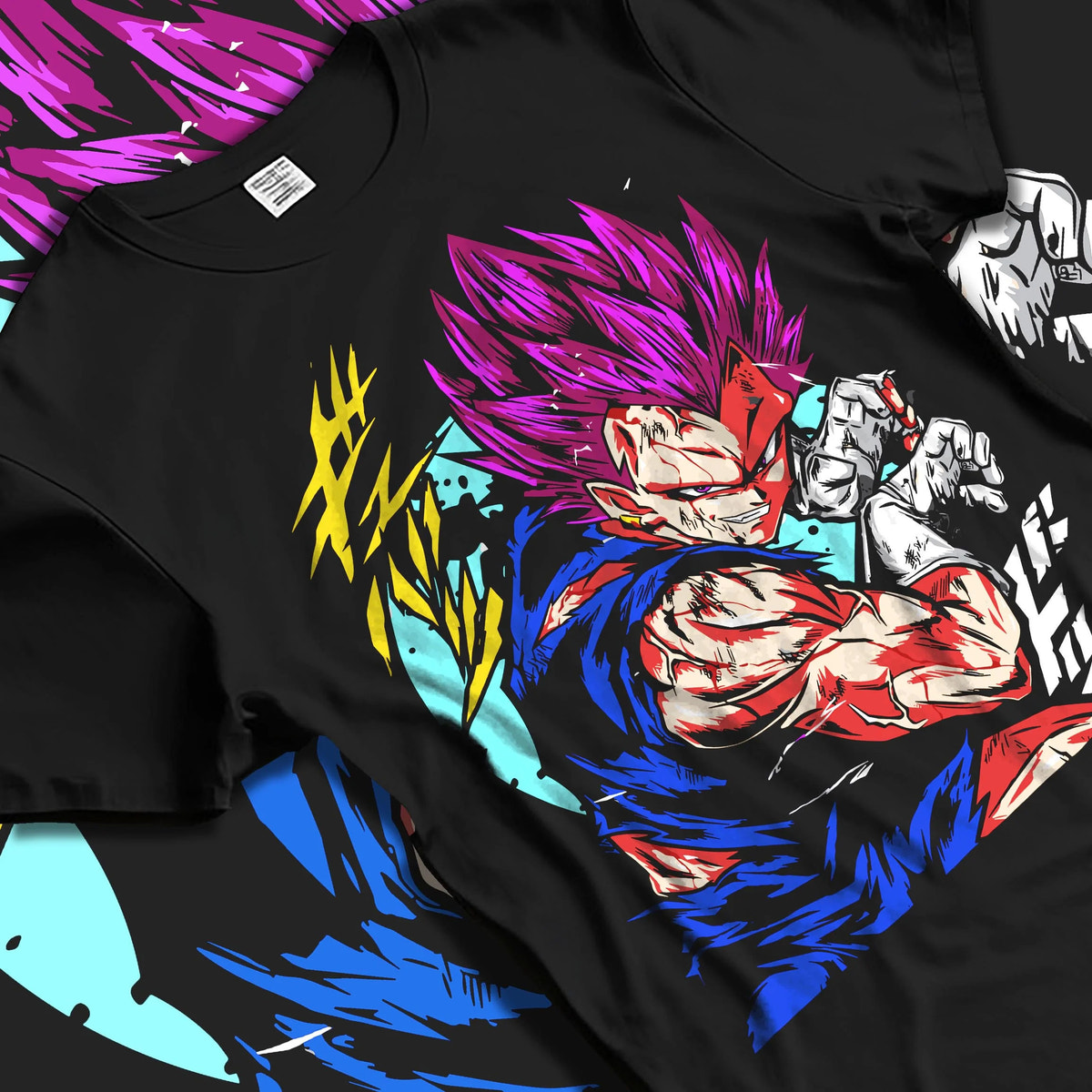 Black T-shirt laid flat with natural folds featuring Vegeta Ultra Ego purple destruction power Dragon Ball Super artwork.