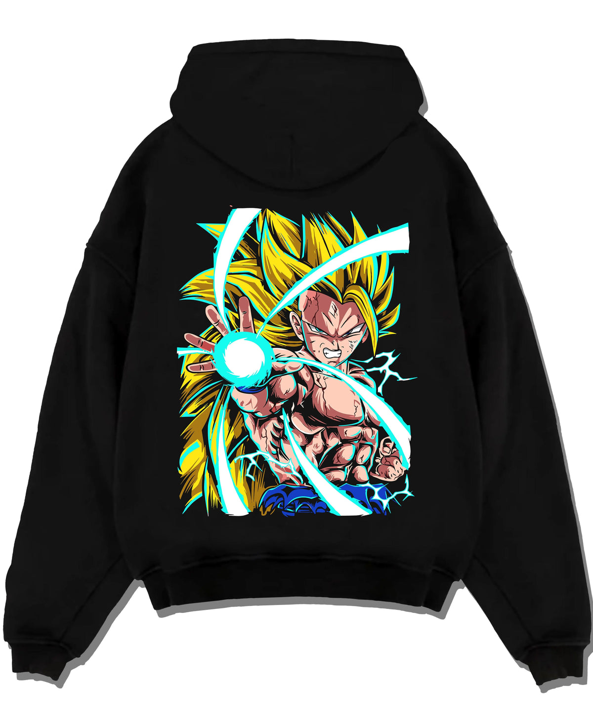Black hoodie laid flat featuring Goku Super Saiyan 3 energy blast Dragon Ball Z artwork.