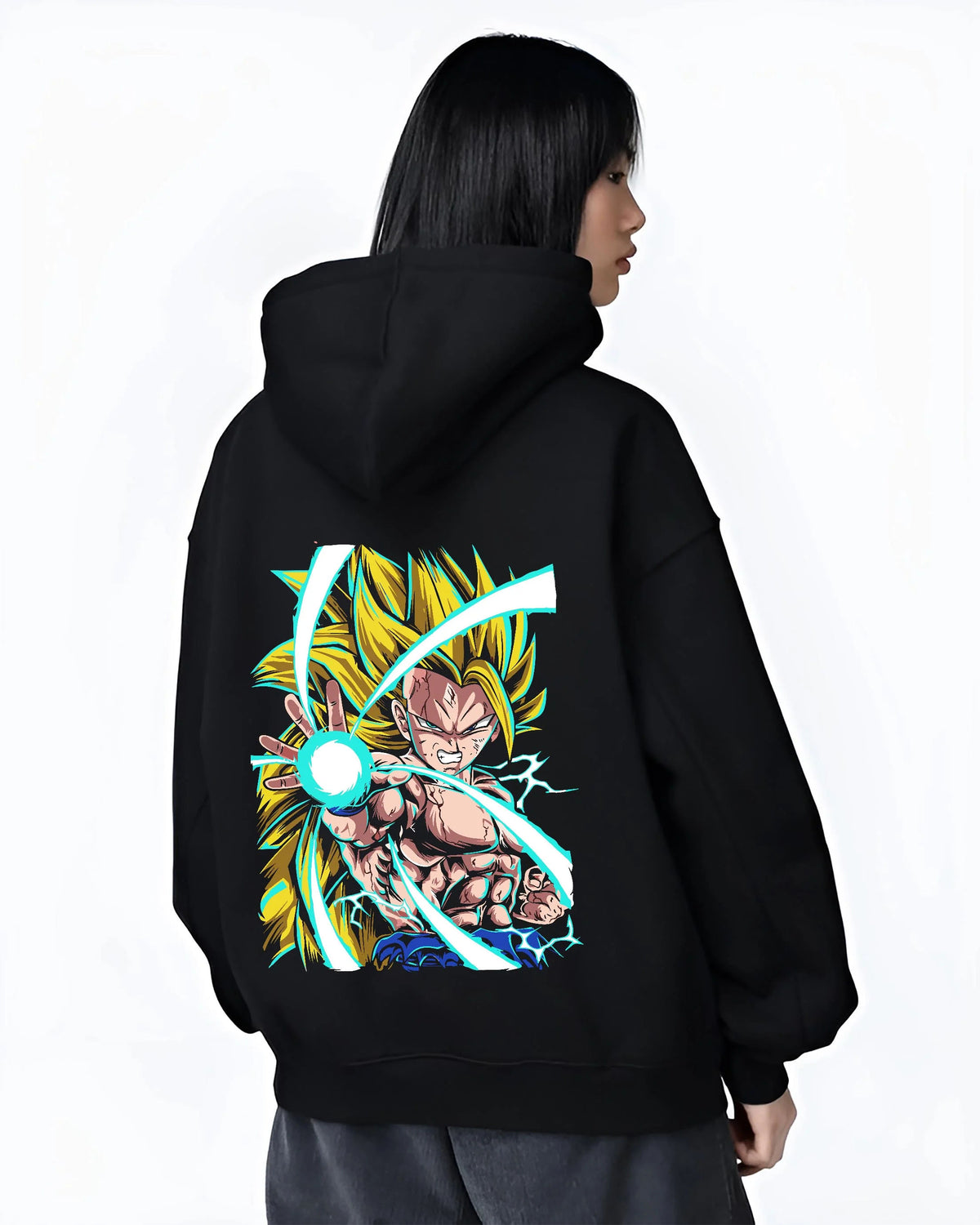 Black hoodie worn by female model from the back featuring Goku Super Saiyan 3 energy blast Dragon Ball Z artwork.