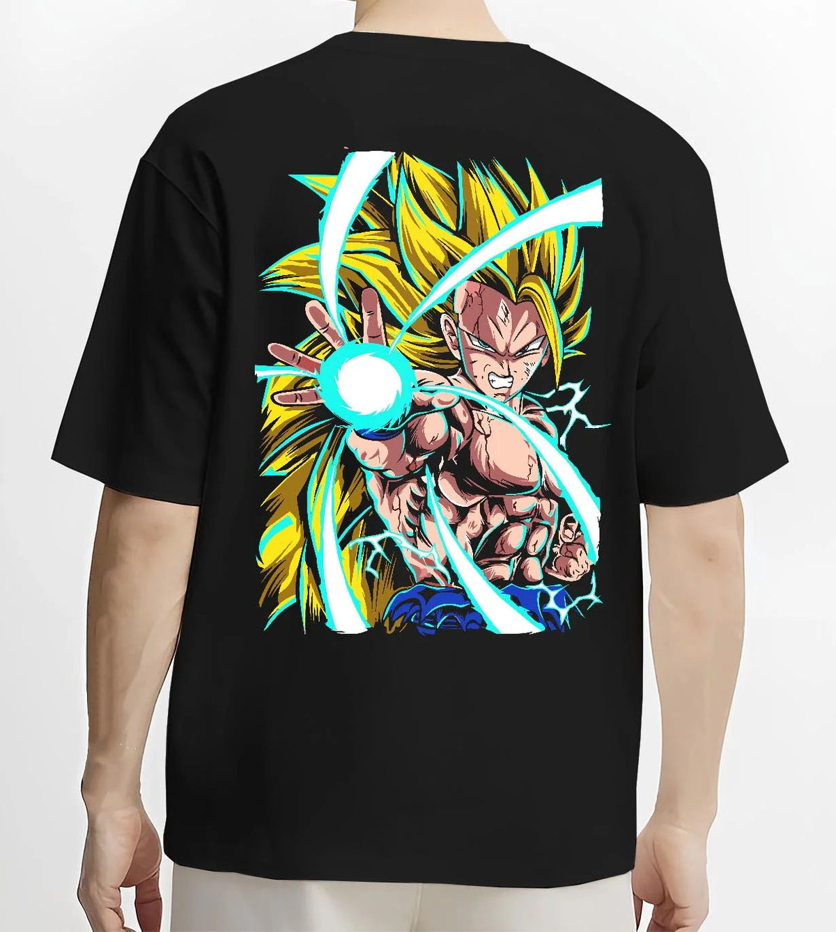 Black T-shirt worn by male model from the back featuring Goku Super Saiyan 3 energy blast Dragon Ball Z artwork.