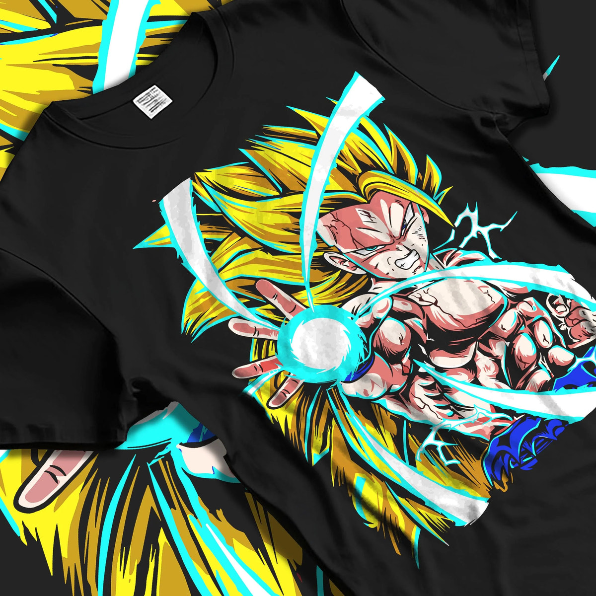 Black T-shirt laid flat with natural folds featuring Goku Super Saiyan 3 energy blast Dragon Ball Z artwork.