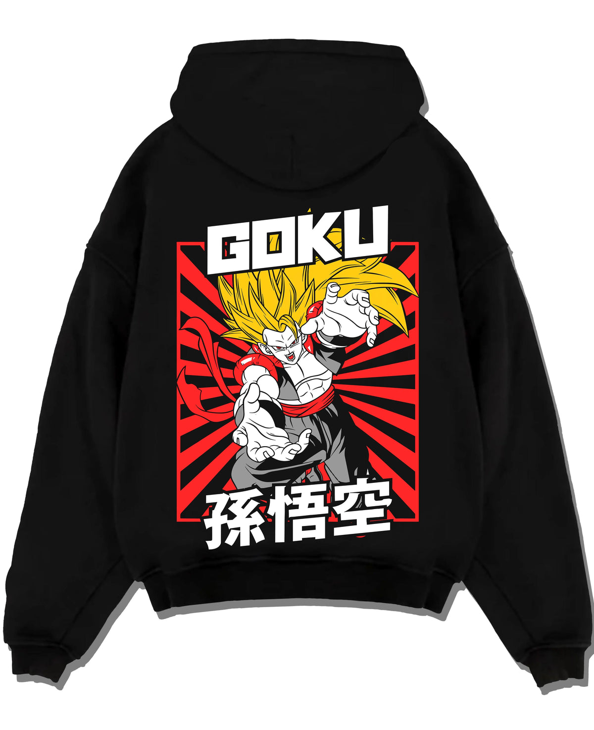 Black hoodie laid flat featuring Goku Super Saiyan 3 sunburst battle Dragon Ball Z artwork.