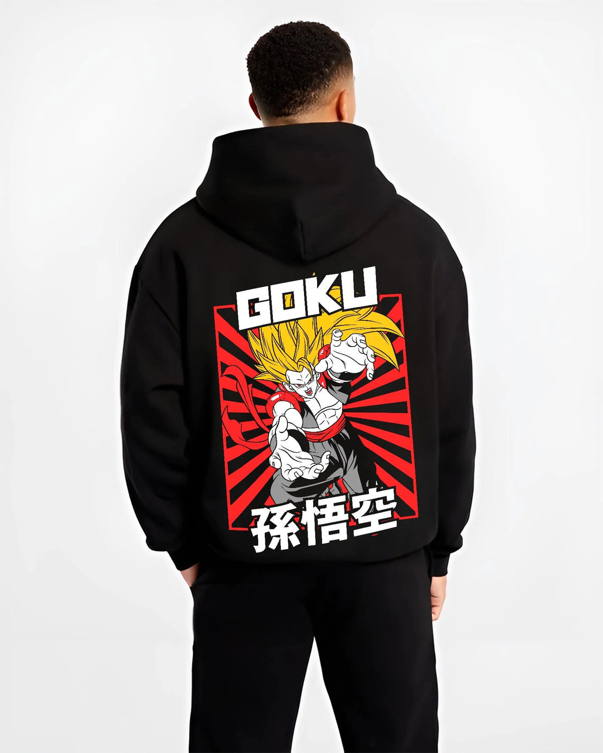 Black hoodie worn by male model from the back featuring Goku Super Saiyan 3 sunburst battle Dragon Ball Z artwork.