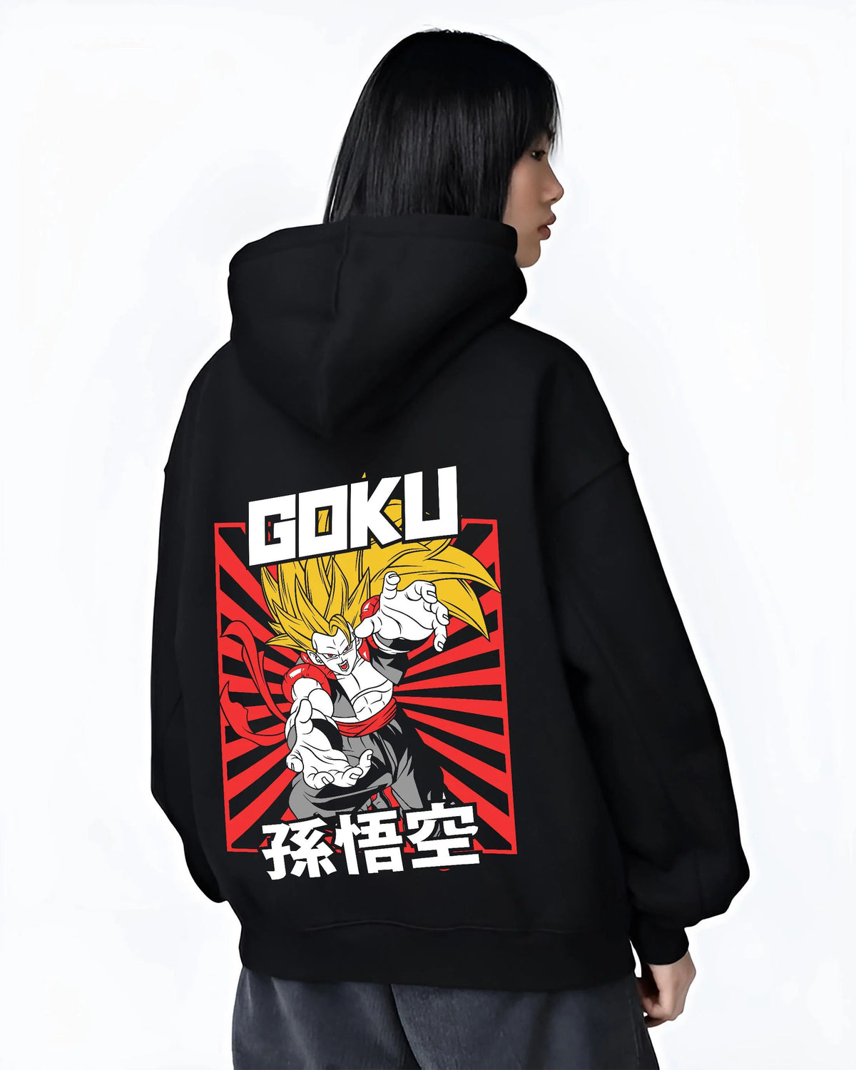 Black hoodie worn by female model from the back featuring Goku Super Saiyan 3 sunburst battle Dragon Ball Z artwork.