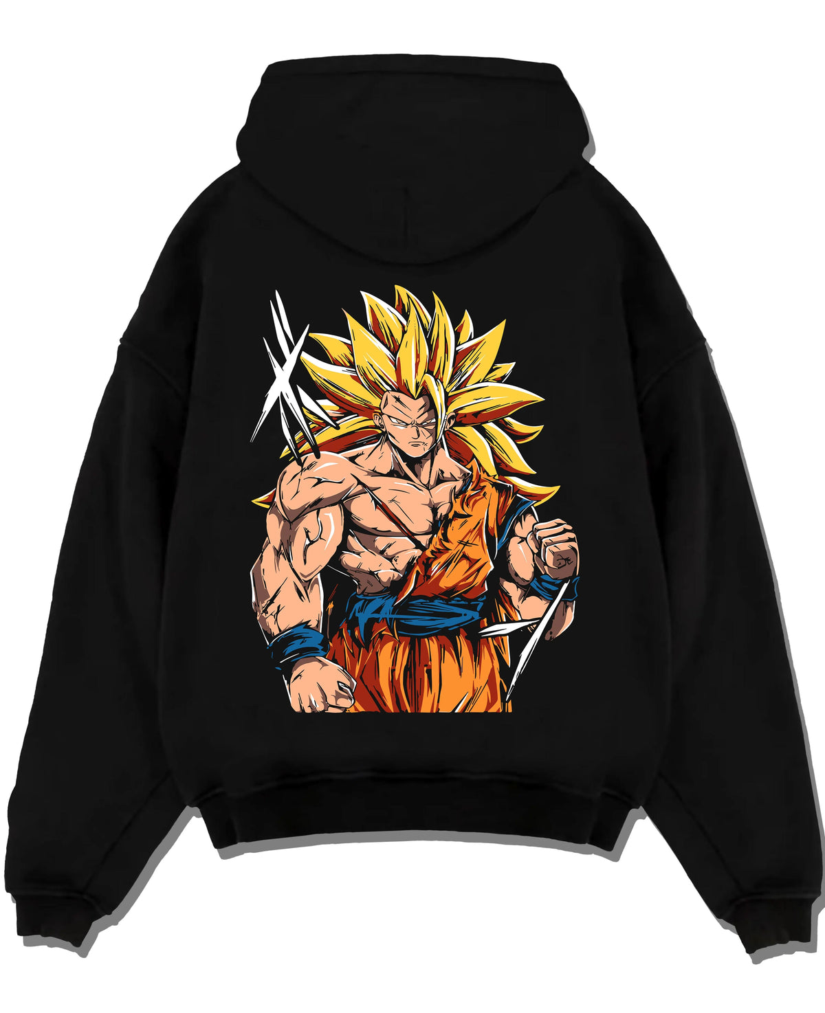 Black hoodie laid flat featuring Goku Super Saiyan 3 ultimate battle Dragon Ball Z artwork.