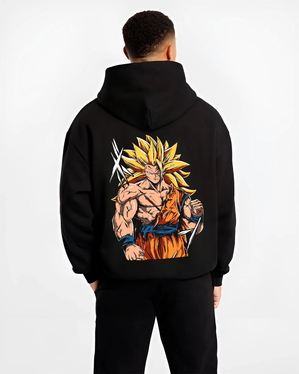 Black hoodie worn by male model from the back featuring Goku Super Saiyan 3 ultimate battle Dragon Ball Z artwork.