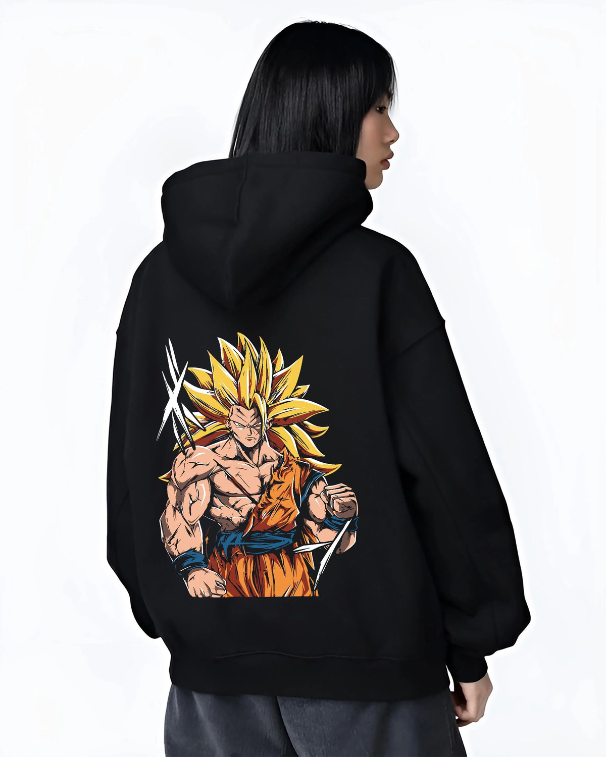 Black hoodie worn by female model from the back featuring Goku Super Saiyan 3 ultimate battle Dragon Ball Z artwork.