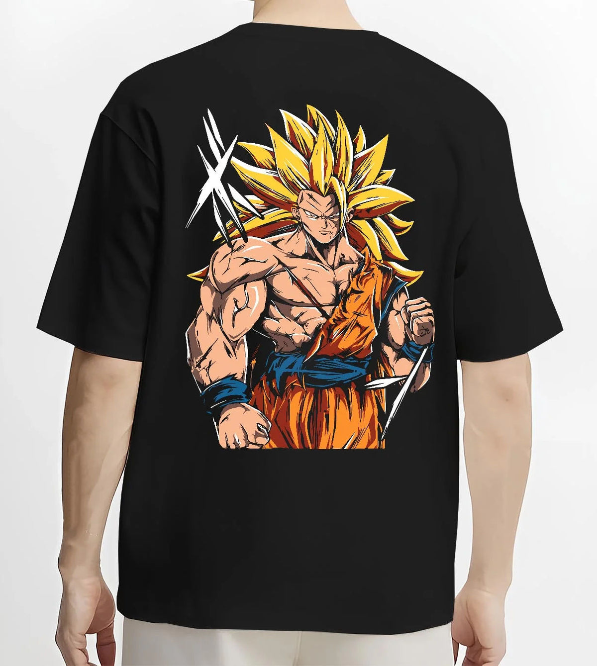 Black T-shirt worn by male model from the back featuring Goku Super Saiyan 3 ultimate battle Dragon Ball Z artwork.