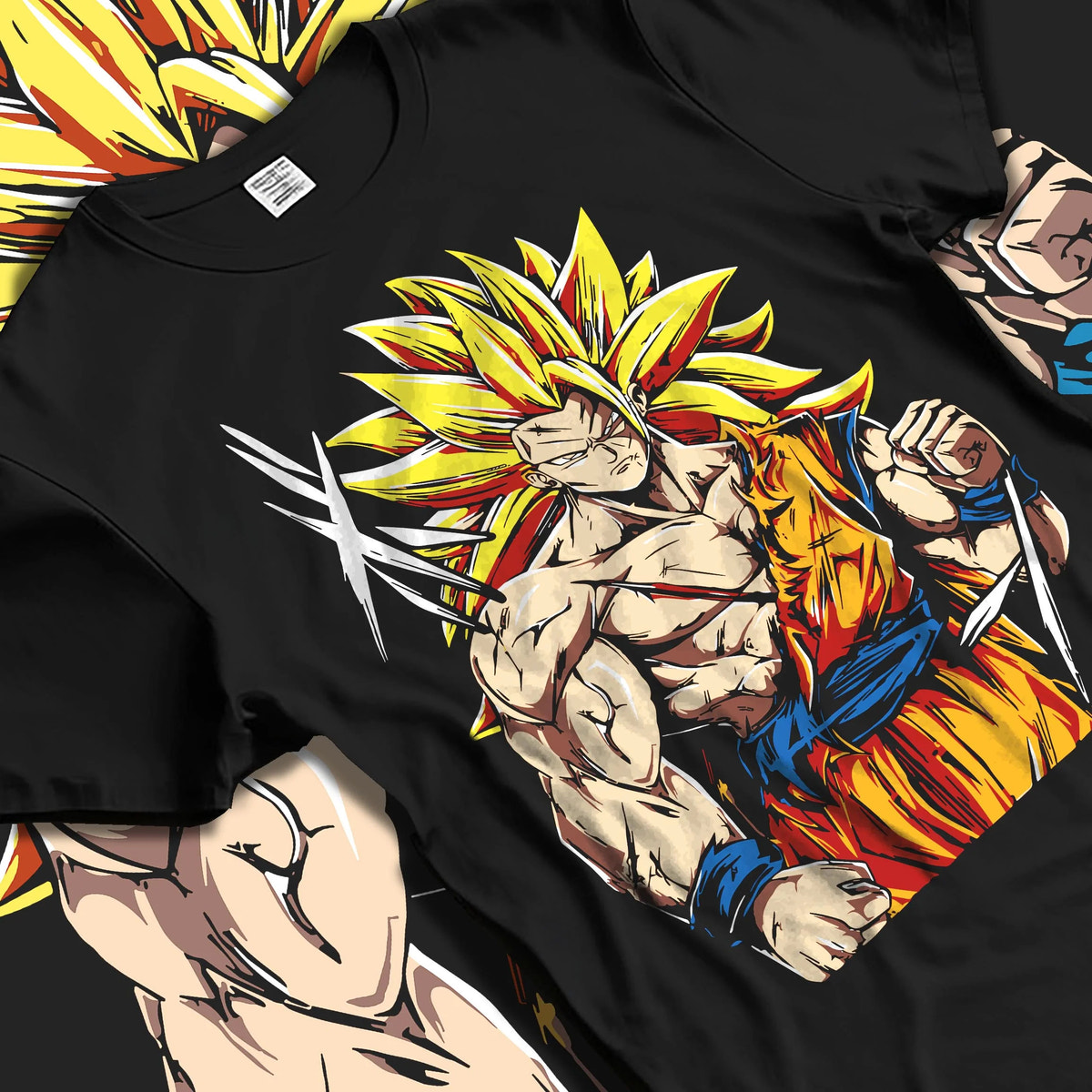 Black T-shirt laid flat with natural folds featuring Goku Super Saiyan 3 ultimate battle Dragon Ball Z artwork.