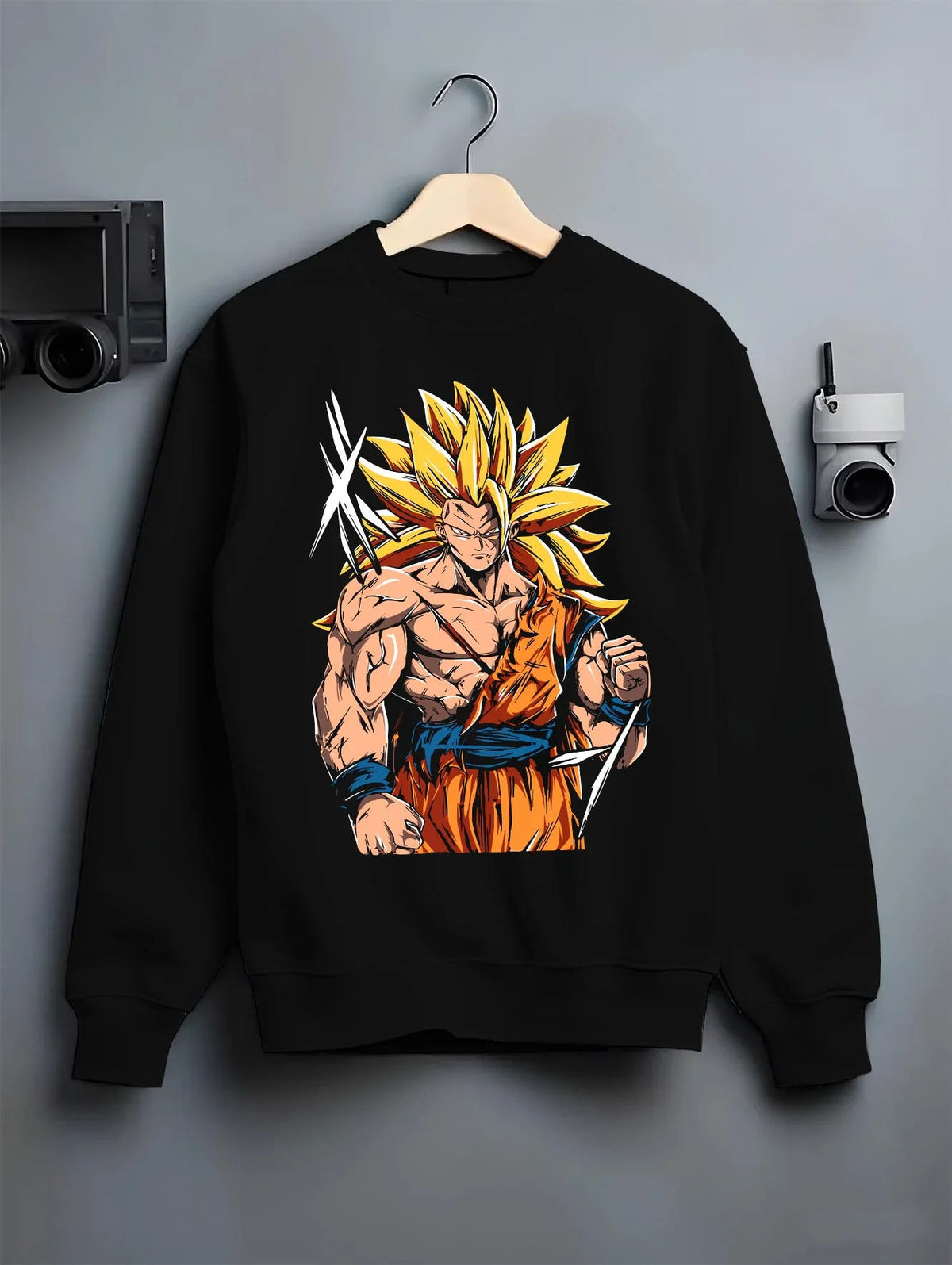 Black crewneck sweatshirt on hanger featuring Goku Super Saiyan 3 ultimate battle Dragon Ball Z artwork.