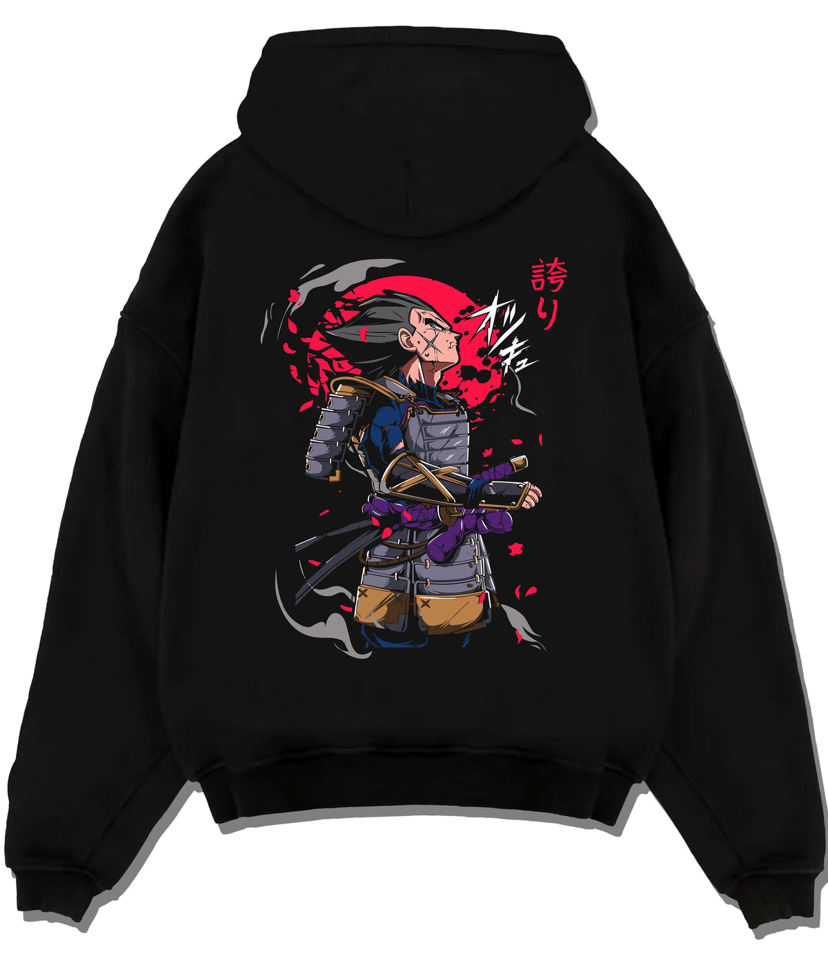 Vegeta in samurai armour looking at the sky in Dragon Ball crossover art on flat back hoodie design