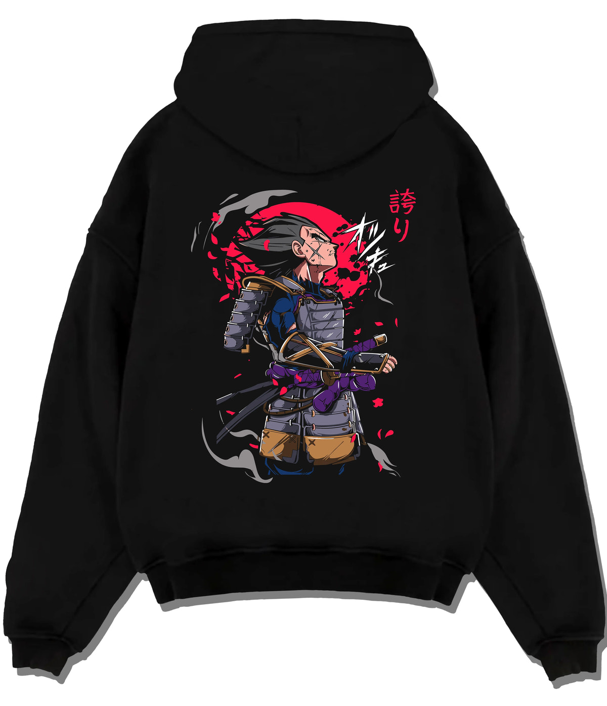 Vegeta in samurai armour looking at the sky in Dragon Ball crossover art on flat back hoodie design