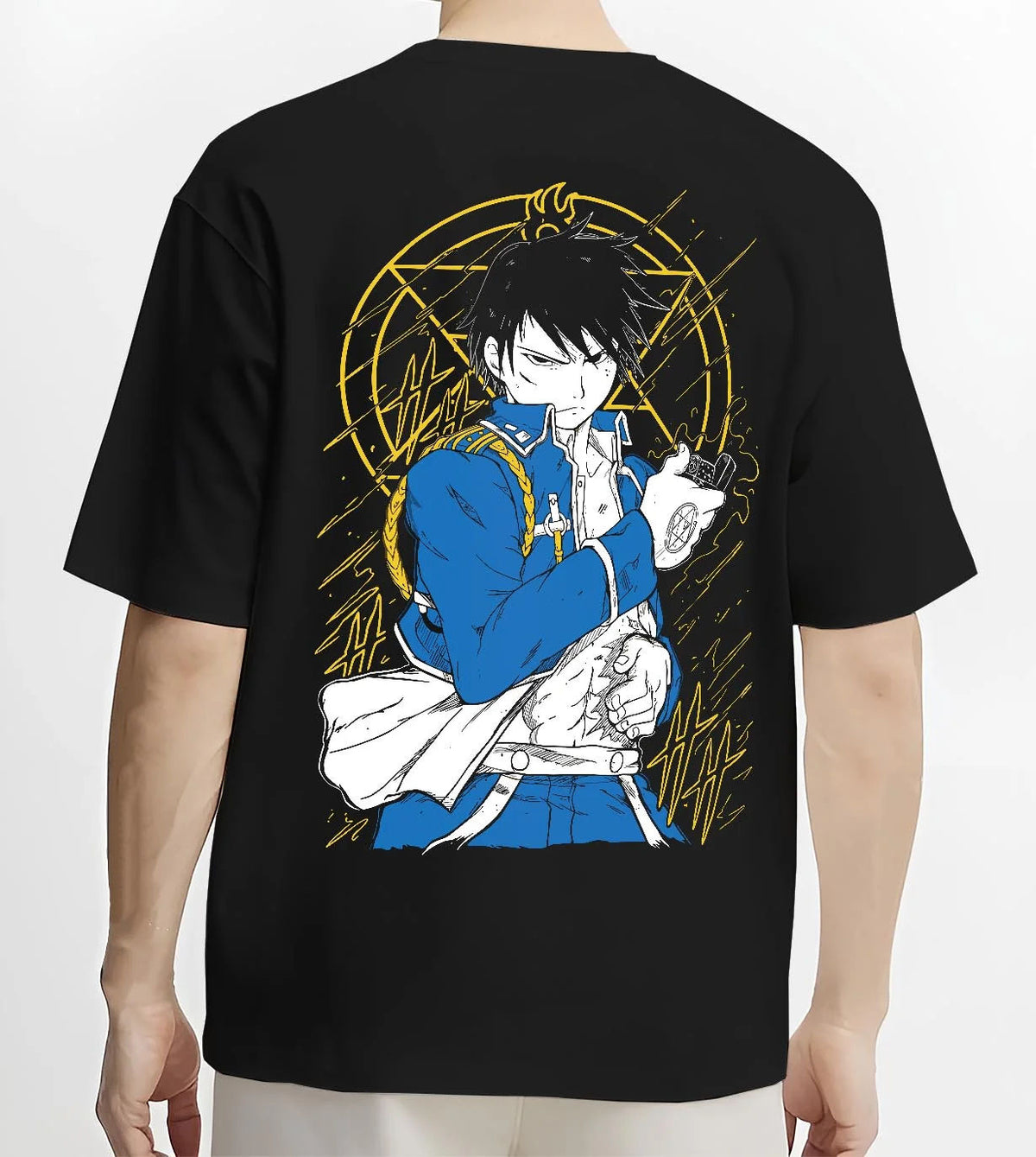 Black T-shirt worn by male model from the back featuring Roy Mustang Flame Alchemist Fullmetal Alchemist artwork.