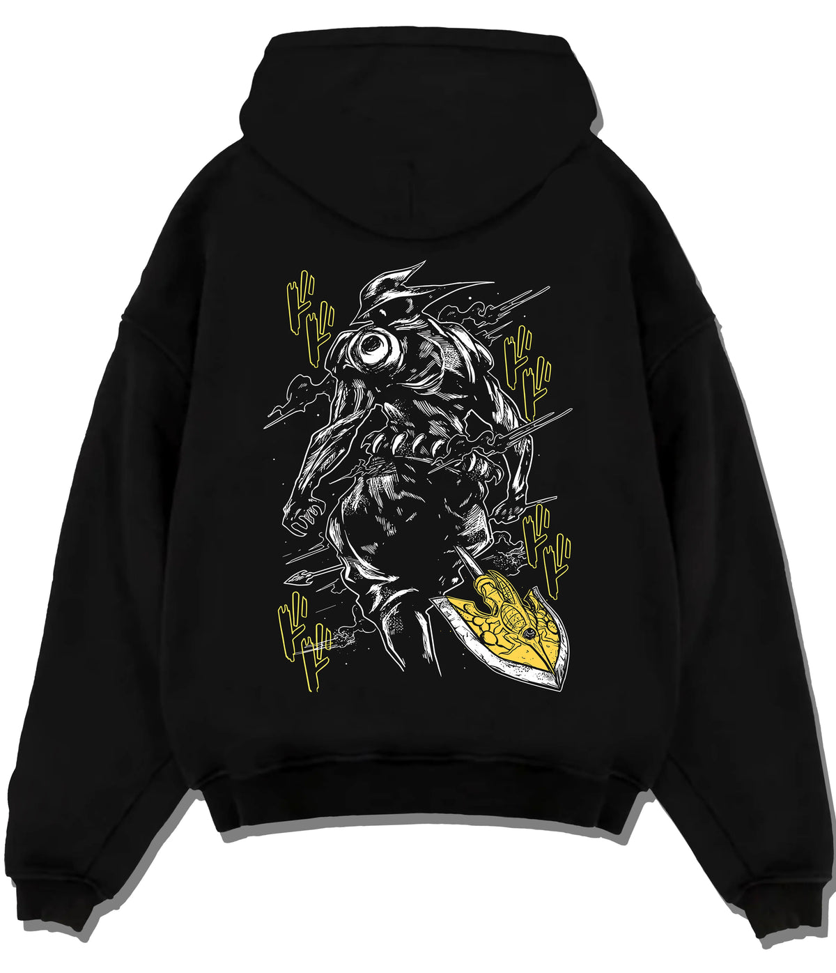 Black hoodie flat back view with Armoured sword-and-shield Stand,  JoJo from JoJo's Bizarre Adventure illustrated back