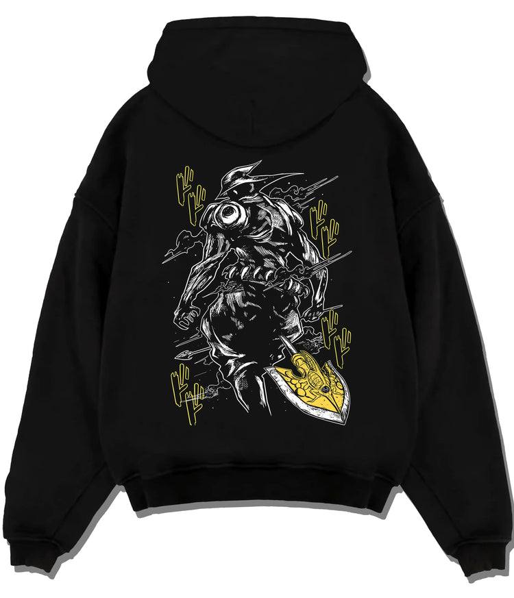 Black hoodie flat back view with Armoured sword-and-shield Stand,  JoJo from JoJo's Bizarre Adventure illustrated back