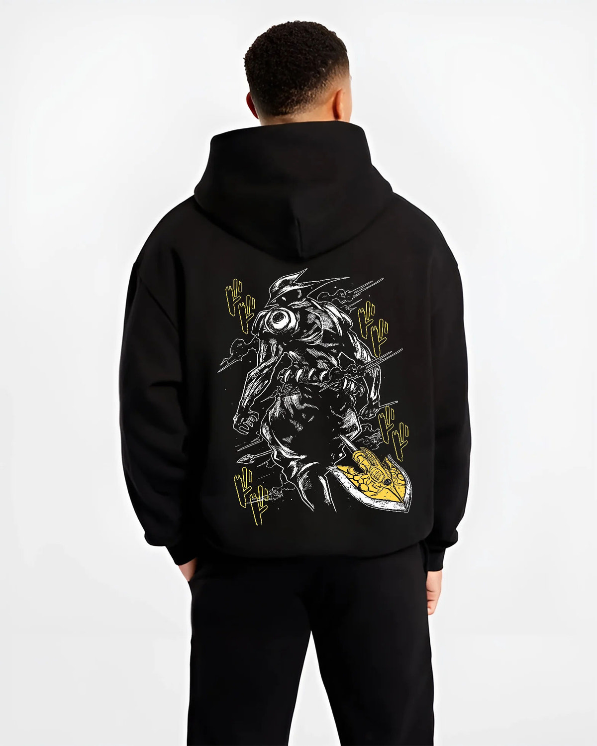 Black hoodie model back view with Armoured sword-and-shield Stand,  JoJo from JoJo's Bizarre Adventure illustrated back