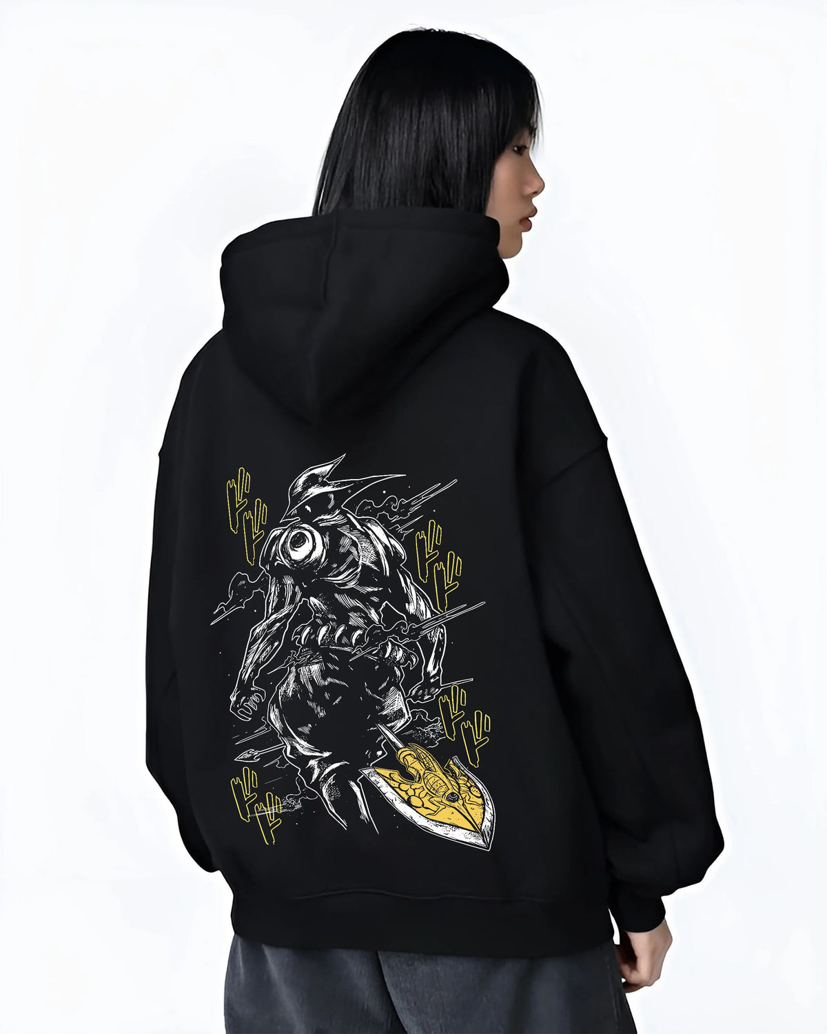 Black hoodie female model back view with Armoured sword-and-shield Stand,  JoJo from JoJo's Bizarre Adventure illustrated