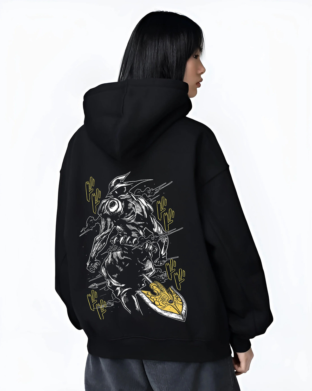 Black hoodie female model back view with Armoured sword-and-shield Stand,  JoJo from JoJo's Bizarre Adventure illustrated