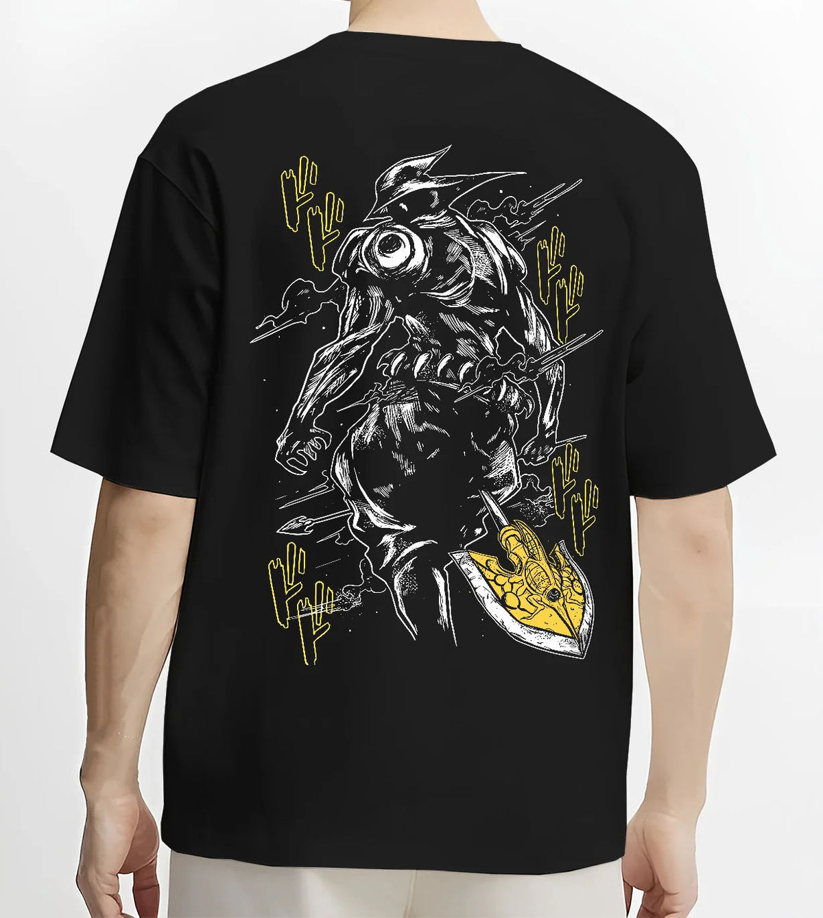 Black T-shirt model back view with Armoured sword-and-shield Stand,  JoJo from JoJo's Bizarre Adventure illustrated back