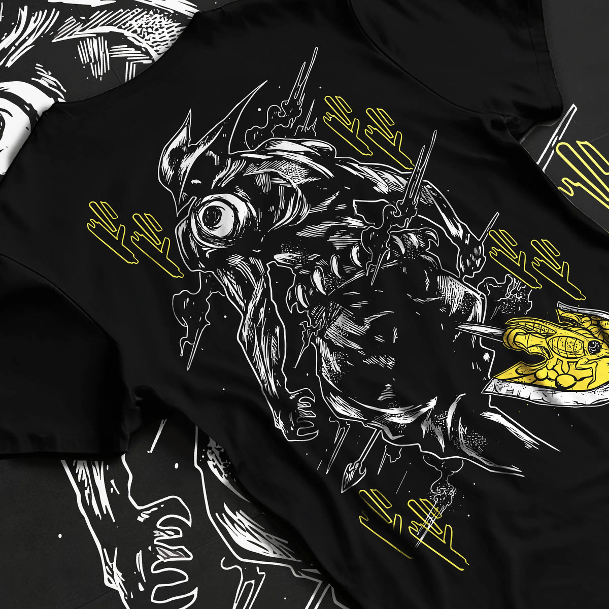 Black T-shirt flat back view with Armoured sword-and-shield Stand,  JoJo from JoJo's Bizarre Adventure illustrated back