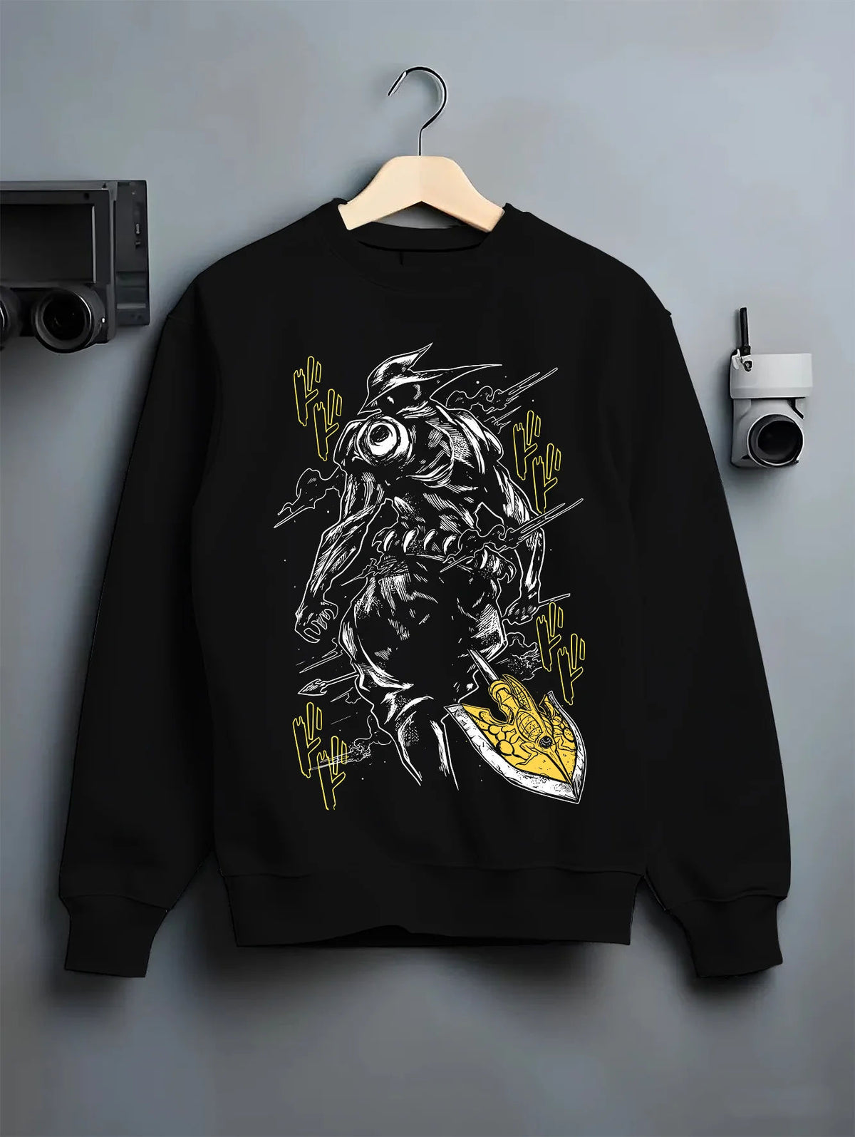 Black crewneck sweatshirt on hanger with Armoured sword-and-shield Stand,  JoJo from JoJo's Bizarre Adventure illustrated