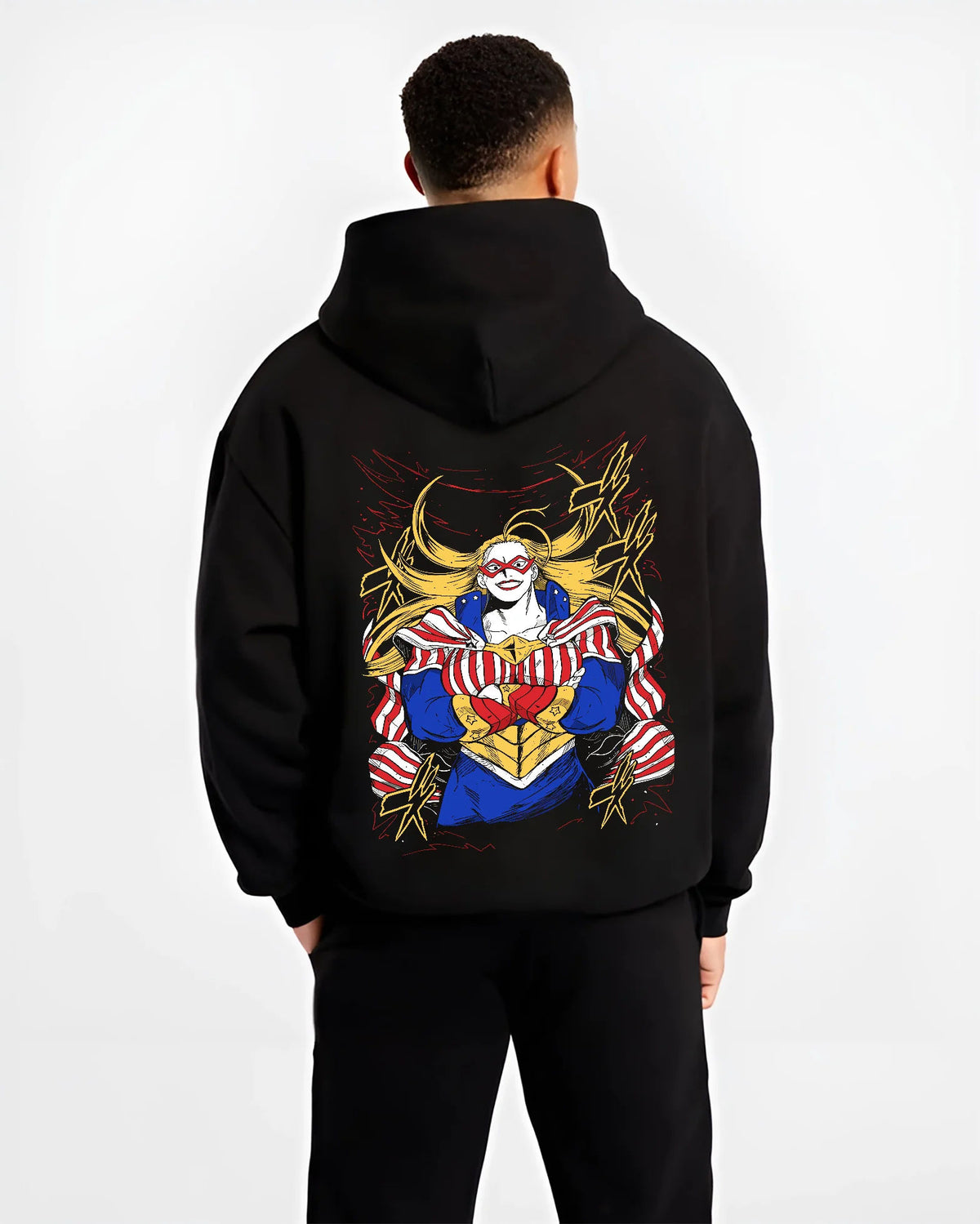 Black hoodie model back view showing Star and Stripe from My Hero Academia: American-themed hero costume