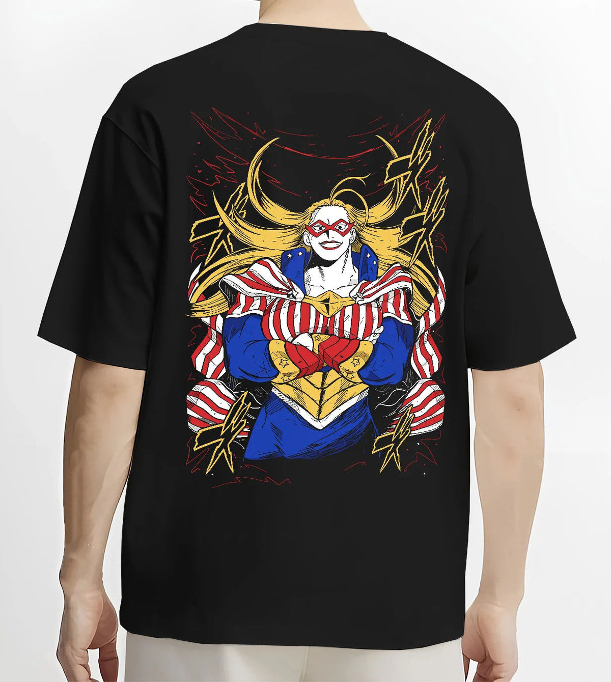 Black T-shirt model back view showing Star and Stripe from My Hero Academia: American-themed hero costume