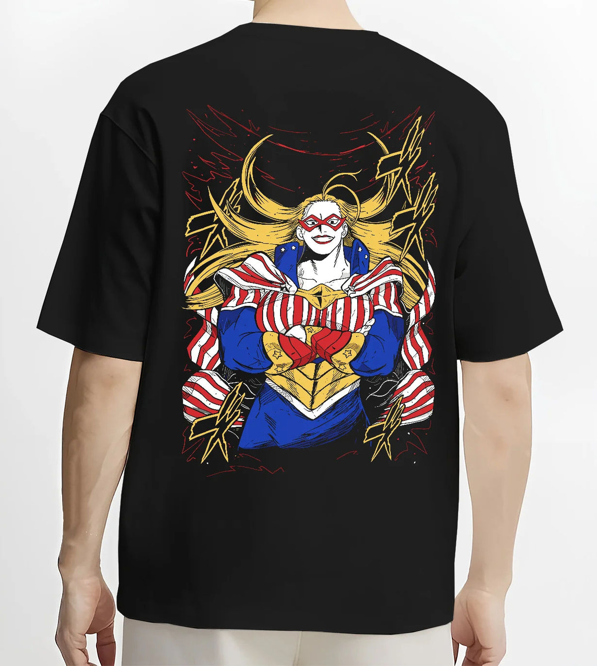 Black T-shirt model back view showing Star and Stripe from My Hero Academia: American-themed hero costume