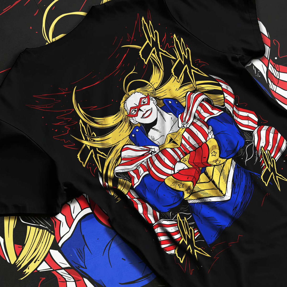 Black T-shirt flat back view showing Star and Stripe from My Hero Academia: American-themed hero costume