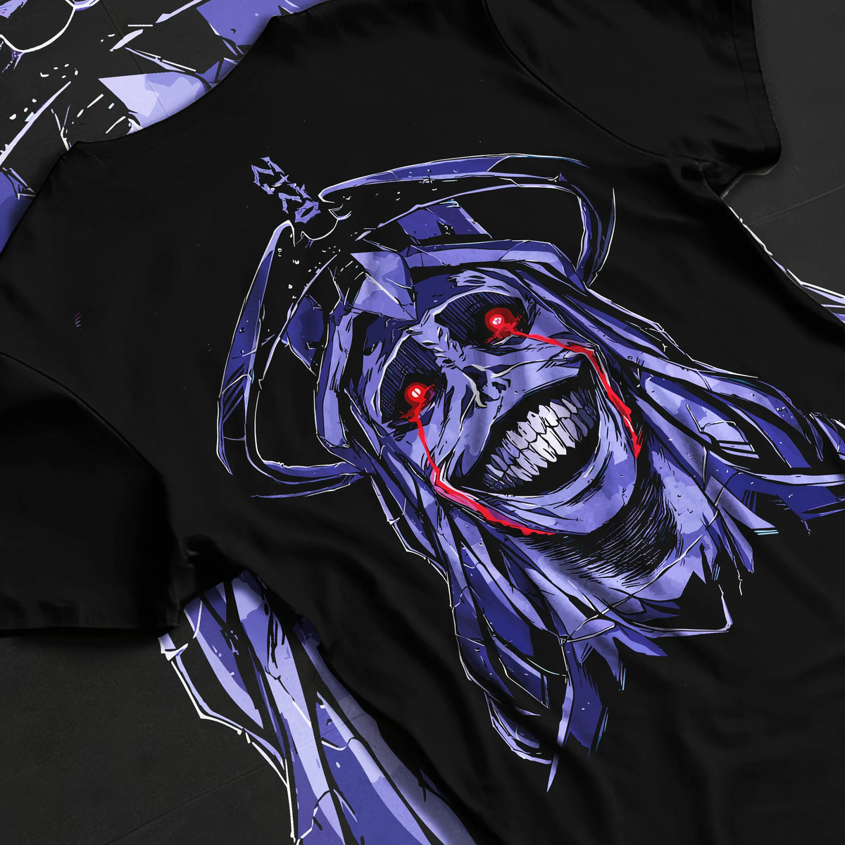 Black T-shirt flat back view showing Statue of God from Solo Leveling: purple grinning portrait