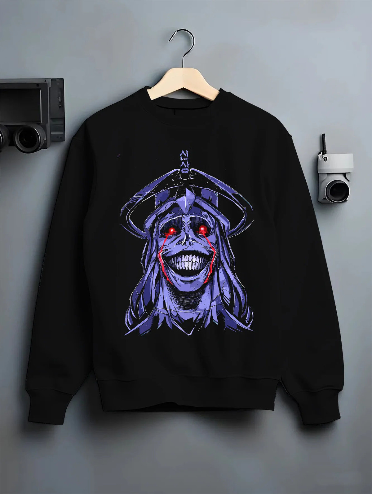 Black crewneck sweatshirt on hanger showing Statue of God from Solo Leveling: purple grinning portrait