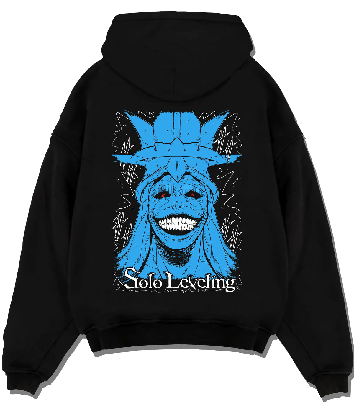Black hoodie flat back view showing Statue of God from Solo Leveling: blue grinning face