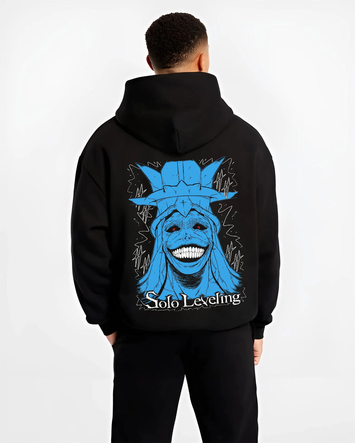 Black hoodie model back view showing Statue of God from Solo Leveling: blue grinning face