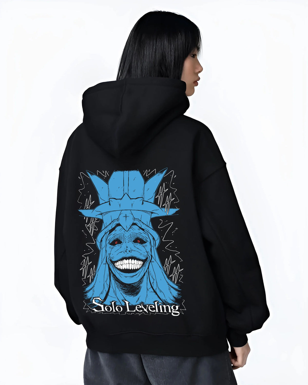 Black hoodie female model back view showing Statue of God from Solo Leveling: blue grinning face