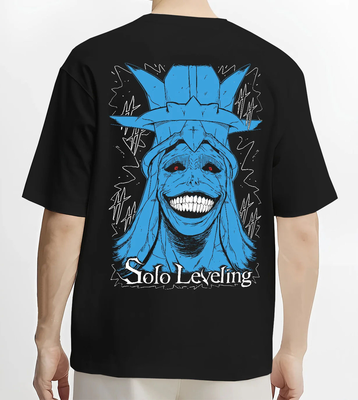 Black T-shirt model back view showing Statue of God from Solo Leveling: blue grinning face