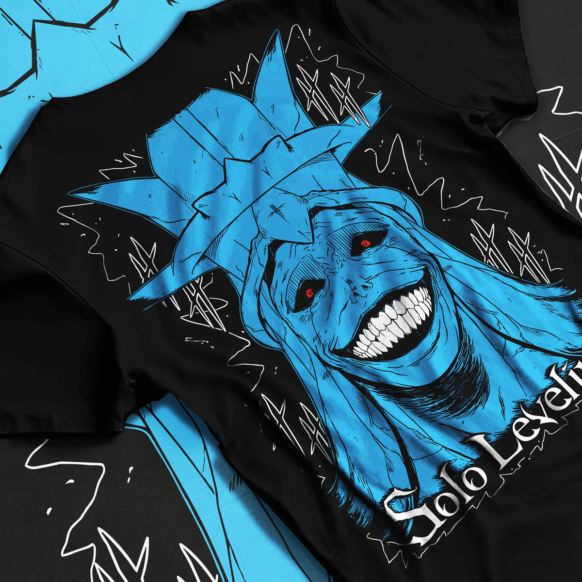 Black T-shirt flat back view showing Statue of God from Solo Leveling: blue grinning face
