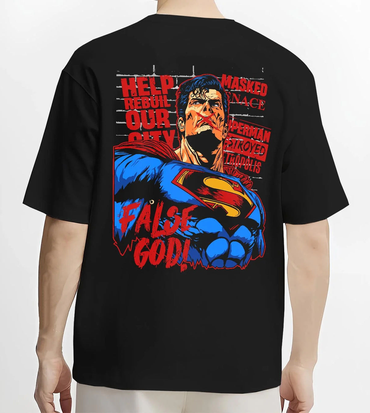 Black T-shirt worn by male model from the back featuring Superman False God Man of Steel DC Comics artwork.