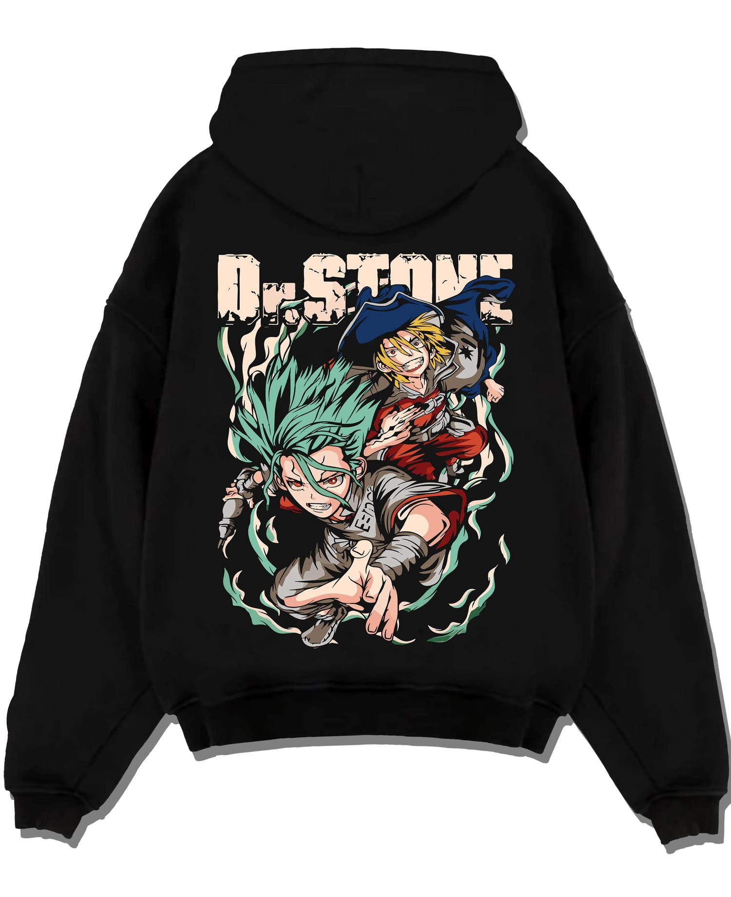 Black pullover hoodie laid flat with Senku Chrome Hoodie Dr Stone Duo Science Adventure graphic premium wear.