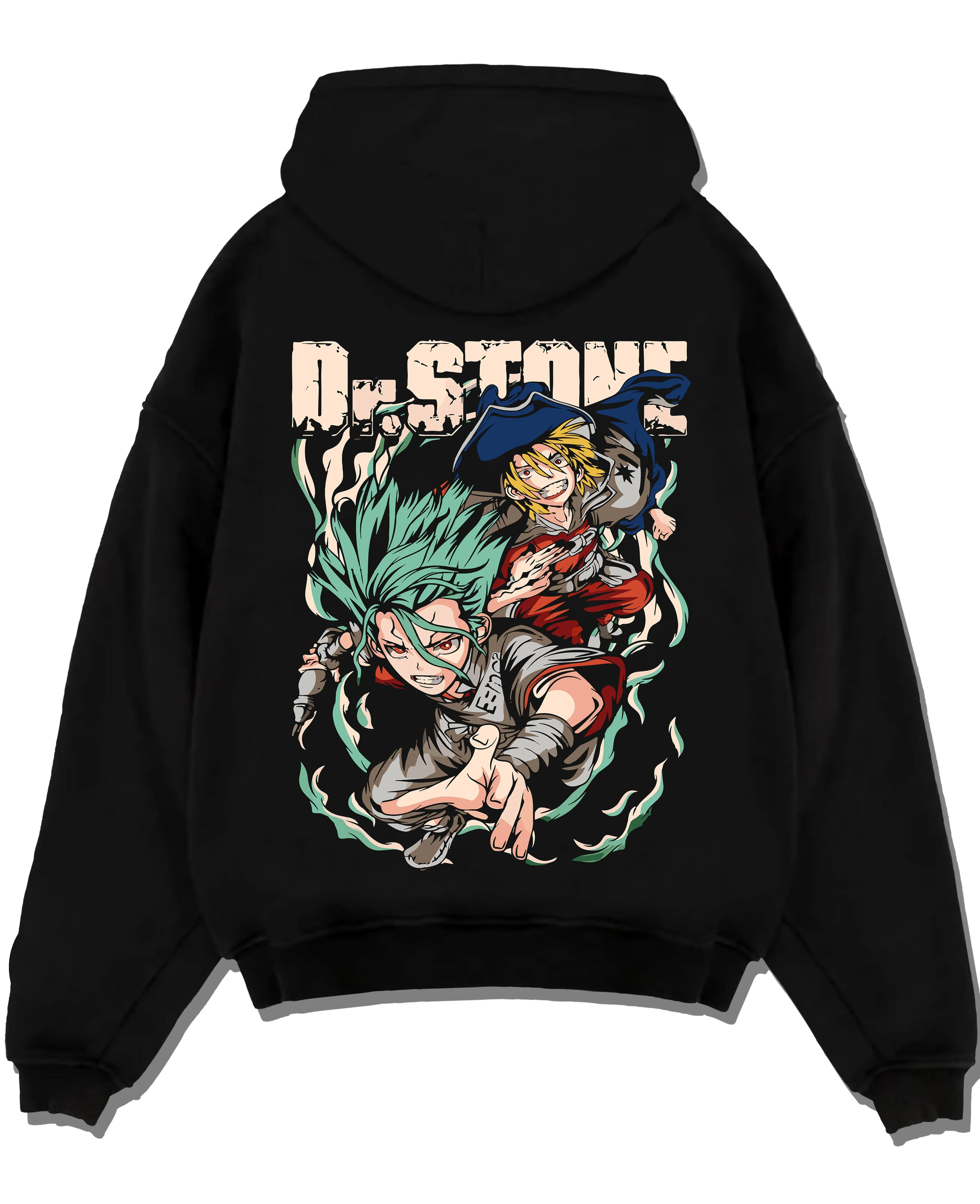 Black pullover hoodie laid flat with Senku Chrome Hoodie Dr Stone Duo Science Adventure graphic premium wear.