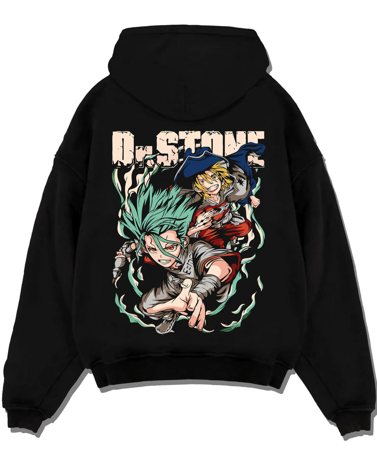 Black pullover hoodie laid flat with Senku Chrome Hoodie Dr Stone Duo Science Adventure graphic premium wear.